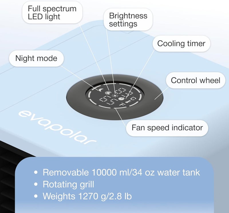 evapolar Cooling Fan for Desk and Car - Portable Evaporative Air Cooler for Camping - Small Ice Fan for Tent - Personal Air Conditioners Evalight, Blue - Image 5